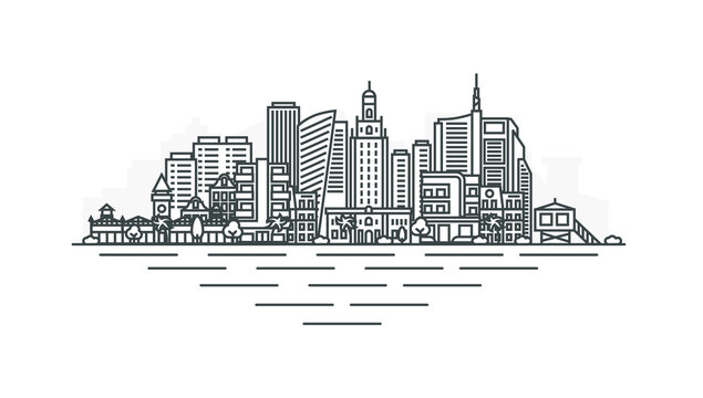 Miami, Florida, USA architecture line skyline illustration. Linear vector cityscape with famous landmarks, city sights, design icons. Landscape with editable strokes.