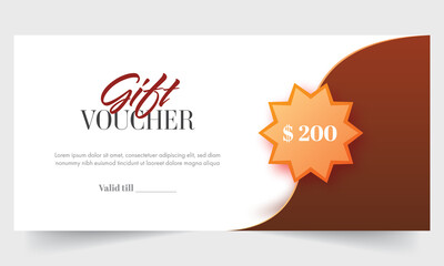 Gift Voucher Banner Or Template Design With Discount Label On Brown And White Background.