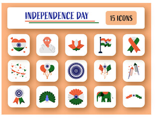 Isolated Indian Independence Day-15 Icon Set In Tricolor.