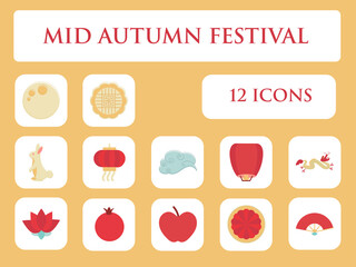 Flat 12 Mid Autumn Festival Square Icon Set Over Yellow Background.