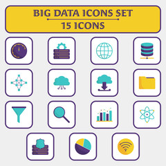 15 Big Data Colorful Icon Set In Flat Style.