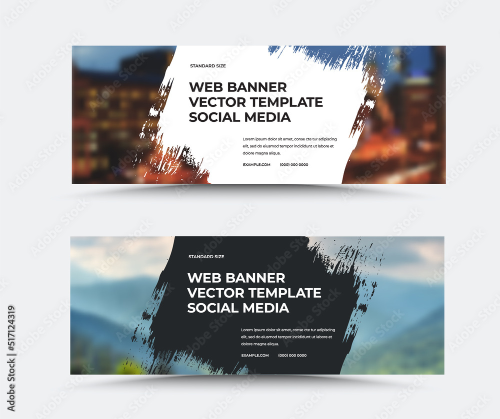 Poster vector web banner template with geometric paint stroke, central text on white, black background, for