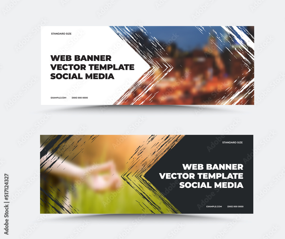 Poster vector web banner template with arrow paint stroke, company text, data on white, black background, f