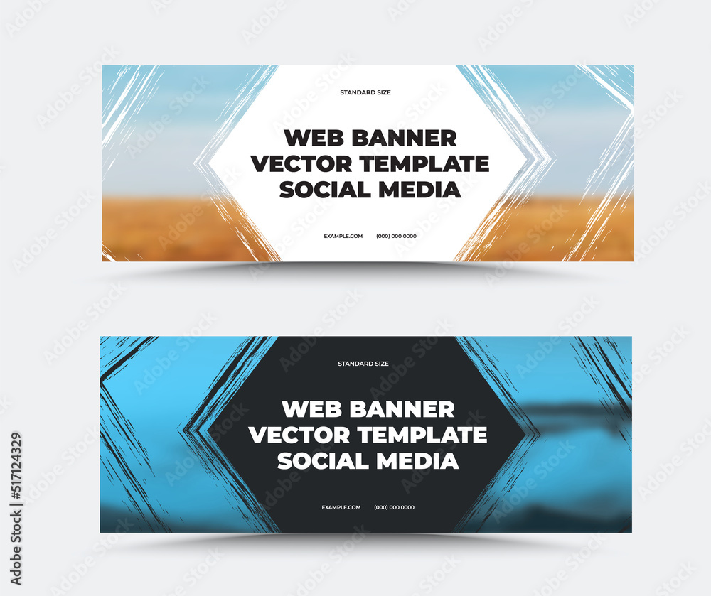 Poster Standard size vector web banner template with paint stroke texture, company information in the center on white, black background, for social media. Set.
