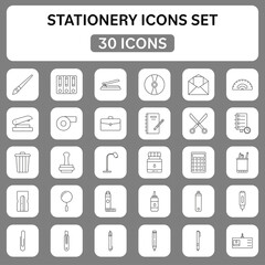 Illustration Of Stationery 30 Icon Set In Linear Style.