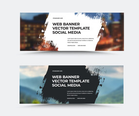 Vector web banner template with geometric paint stroke, central text on white, black background, for social media. Leaflet set.