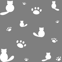 White cat and cat paws on gray background, made in paper cutout style.Get creative with cartoon style vector illustration.