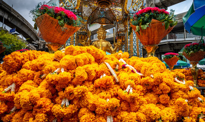 Marigold garlands at the Erawan Buddhist Shrine in Bangkok