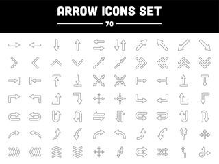 70 Different Arrow Icon Set In Black Line Art.