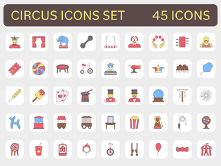 Colorful Set Of Circus Icons In Flat Style.