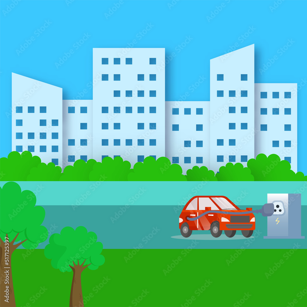 Wall mural Paper Cut Residential Buildings With Electric Car Charging Station And Nature View On Blue Background.