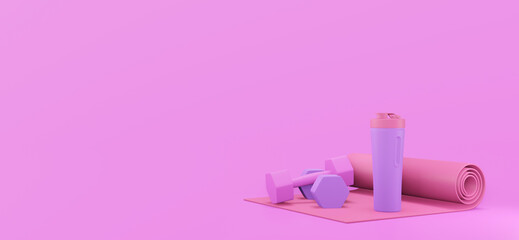Concept relax. Yoga mat, dumbbells and sport bottle on purple background. 3d rendered illustration.