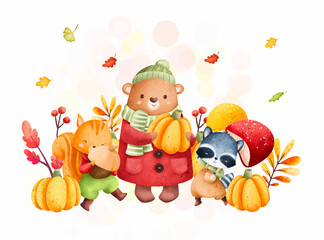 Naklejka premium Watercolor illustration woodland animals with pumpkin and autumn leaves