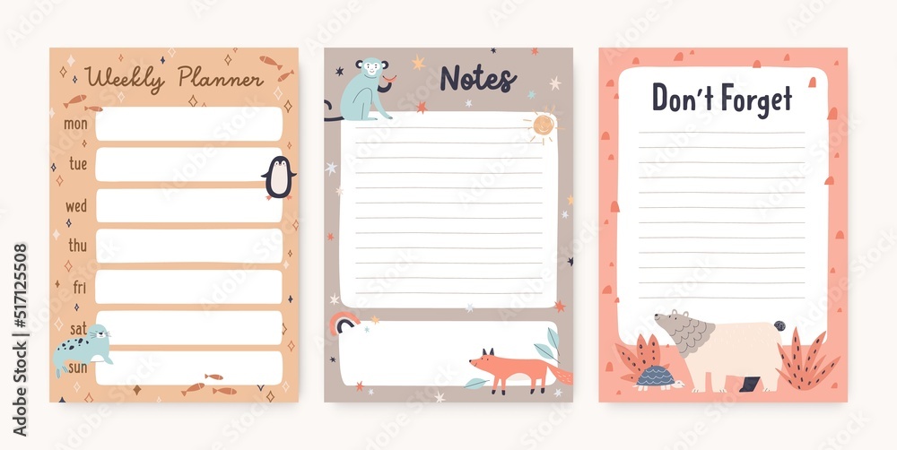 Poster pages templates for kids planner, diary with cute animals. sheet of papers for notebook, organizer d