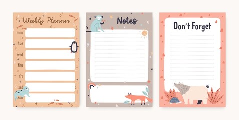 Fototapeta na wymiar Pages templates for kids planner, diary with cute animals. Sheet of papers for notebook, organizer design in Scandinavian style. Backgrounds with lines for plans, notes. Flat vector illustrations