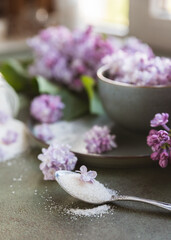 Obraz na płótnie Canvas Flavored sugar with lilac flowers in glass jar and branch of beautiful lilac, green concrete background. Edible flowers in cooking and confectionery. Flavoring ingredients.