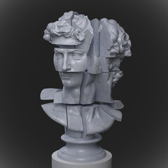  Abstract illustration from 3D rendering of a white marble bust of male classical sculpture head cut into blocks and pieces on a pedestal and isolated on dark gray background.