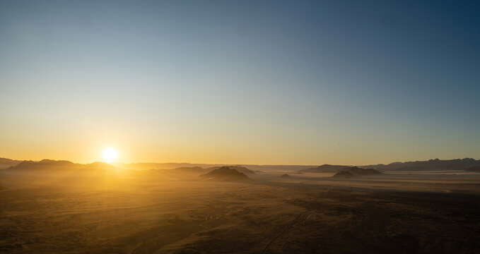 A panoramic shot of the Namib Desert in Namibia while a early morning Hot-Air Ballon ride. 