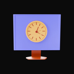 3D Render Clock In Computer Screen Over Black Background.