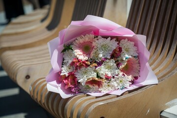 The wedding bouquet is lying on the bench.