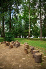 Decorative stumps stand on the playground in the park.