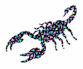 a creeping scorpion made of mosaics, multicolored triangles