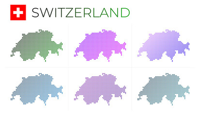 Switzerland dotted map set. Map of Switzerland in dotted style. Borders of the country filled with beautiful smooth gradient circles. Creative vector illustration.