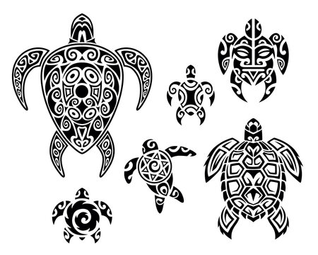 Set of sea turtles Maori style. Tattoo sketch. For print, t-shirt, cards, fabric, tattoo.