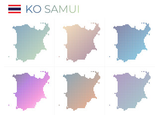 Fototapeta na wymiar Ko Samui dotted map set. Map of Ko Samui in dotted style. Borders of the island filled with beautiful smooth gradient circles. Attractive vector illustration.