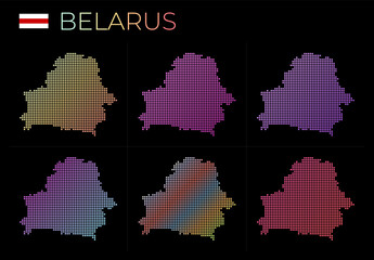 Fototapeta na wymiar Belarus dotted map set. Map of Belarus in dotted style. Borders of the country filled with beautiful smooth gradient circles. Radiant vector illustration.