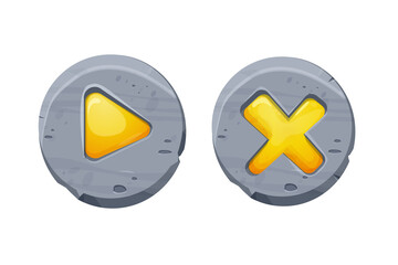 Set start and closed buttons on stone circle in comic cartoon style, ui game design element, interface object isolated on white background.