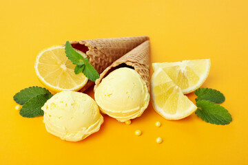 Lemon - mint ice cream on orange background