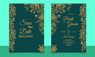 Beautiful golden floral wedding invitation card design templates