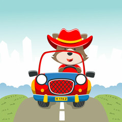 Vector illustration of cute little fox on a off road car go to forest, Can be used for t-shirt print, kids wear, invitation card. fabric, textile, nursery wallpaper, poster and other decoration.