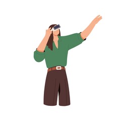 Woman travels in virtual reality in VR headset glasses, gesturing with arms. Girl looking in goggles. Digital simulation, interactive cyberspace. Flat vector illustration isolated on white background