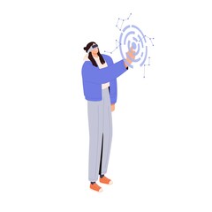 Woman in VR headset studying science in cyberspace. Education in virtual reality. Person in 3d glasses in interactive learning simulation. Flat graphic vector illustration isolated on white background