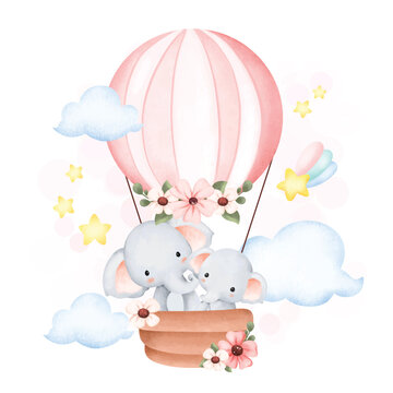 Watercolor Illustration cute elephant in hot air balloon