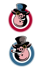 Cartoon style pig in the cylinder hat, smoking cigar. Pig logo concept.