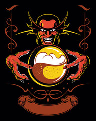 Cartoon, comic book style devil who brews beer in magic ball. Beer label concept.
