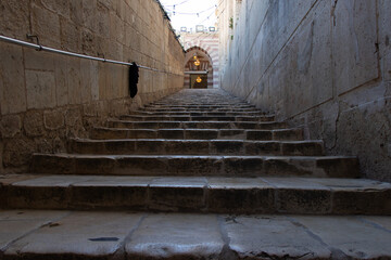Stairs to Cave of Machpela and Patriarchs in Hebron, located in West bank, Israel. Historical...