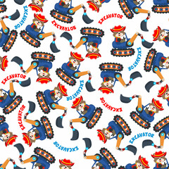 Seamless pattern of Cute little fox on excavator. Can be used for t-shirt print, kids wear fashion design, print for t-shirts, baby clothes, poster. and other decoration.