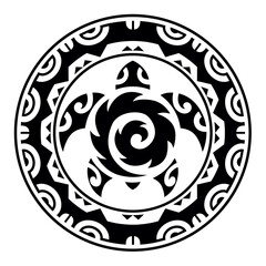 Sea turtle round circle ornament Maori style. Tattoo sketch
