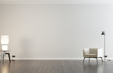 White wall without decoration. 3d rendering. White armchair and lamp on a small table. Dark colored parquet. Essential