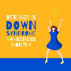 Square image of down syndrome awareness month text with girl wearing blue dress