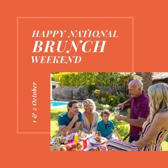 Square image of national brunch weekend text and happy caucasian family eating
