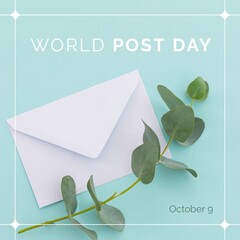 Image of world post day over blue background with envelope and eucalyptus branch