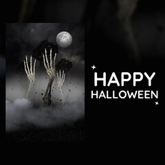 Image of happy halloween over black background and hands of skeletons and moon