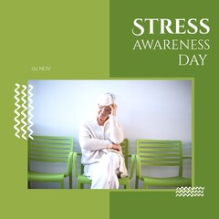 Image of stress awareness day over green background and stressed caucasian senior woman