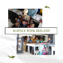 Composition of science week ireland text over diverse schoolchildren with vr headset