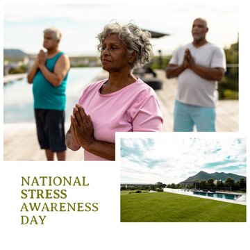 Image Of National Stress Awareness Day Over Diverse Senior People Practicing Yoga On Beach